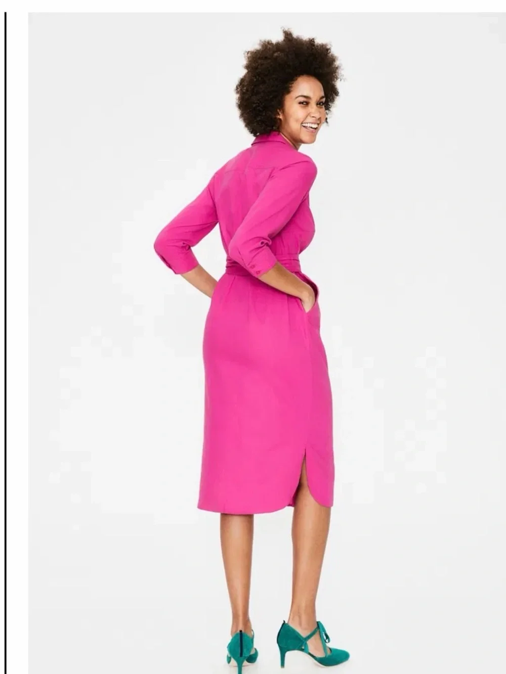 Boden Linen Cotton Midi Shirt Dress 3/4 Sleeve Button Front Pink Size 8R